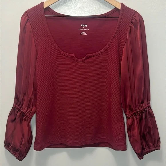 "NWT"Maeve | Anthropologie Burgundy Tiered Satin Sleeve Ribbed Knit Blouse -Sz.S - Picture 3 of 12